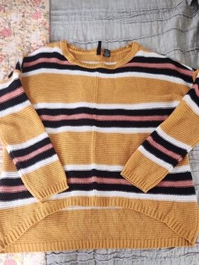 Free For All Womens Mustard Striped Crewneck Sweater with Pink, Black & White